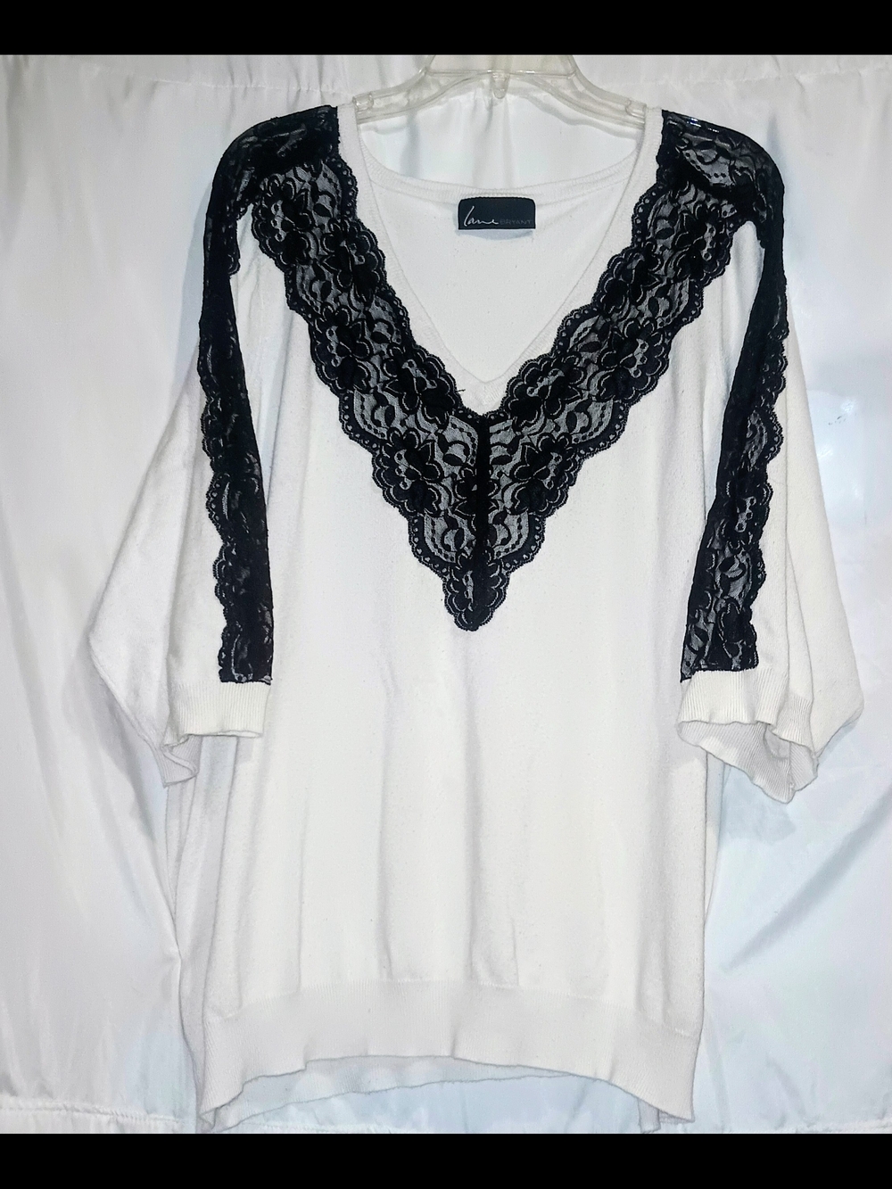 White V-Neck Sweater Top with Black Lace Detail